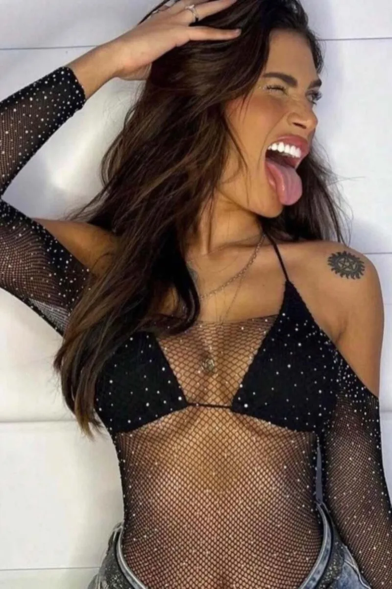 Body con brillos red strass transparente lencería sexy - Imagen 5