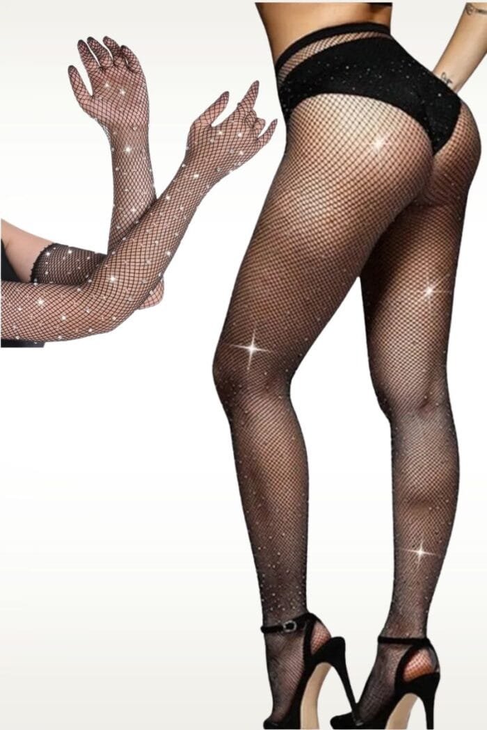 Pack Medias y guantes de red con brillos Strass Largos