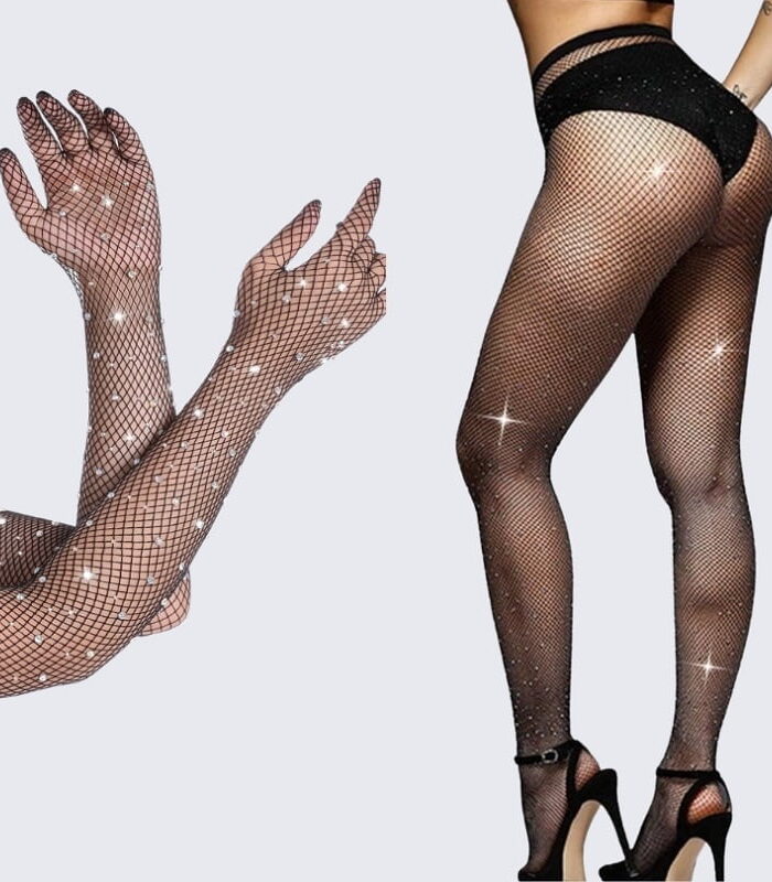 Pack Medias y guantes de red con brillos Strass Largos