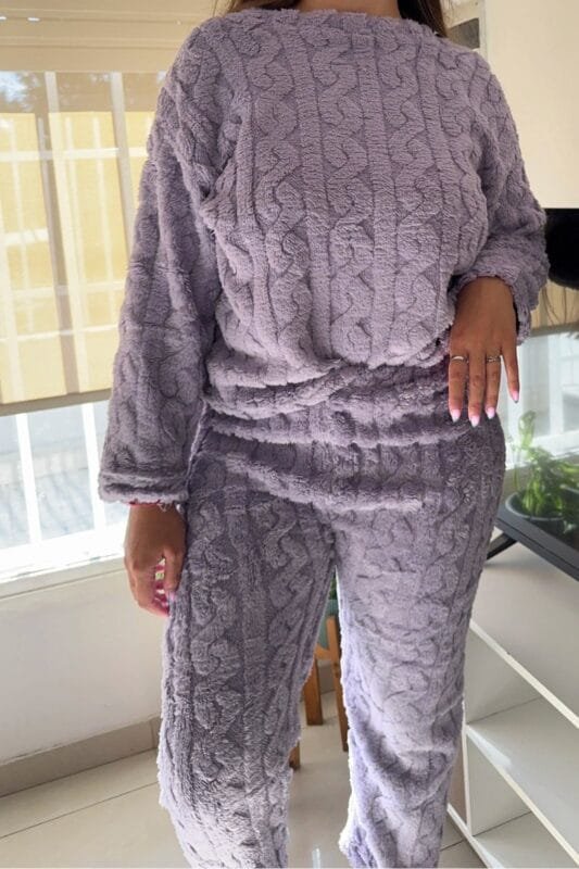 Conjunto pijama plush tejido trenzado abrigo invierno