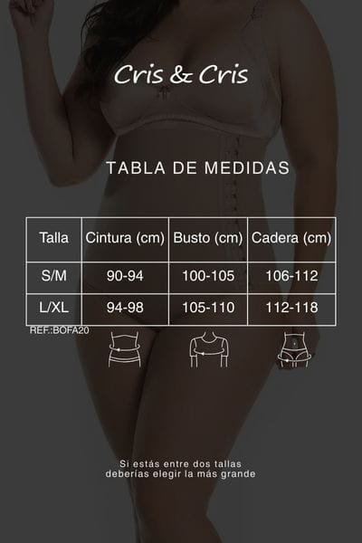 Tabla de talles Cris & Cris para faja bombacha moldeadora postparto con medidas de cintura, busto y cadera para tallas S/M y L/XL.