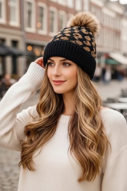 Gorro de lana animal print mujer con pompon