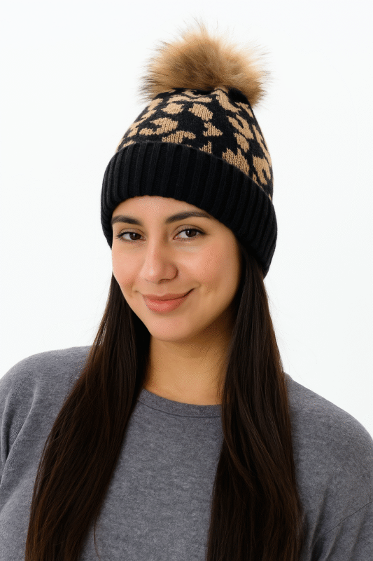 Gorro de lana animal print mujer con pompon