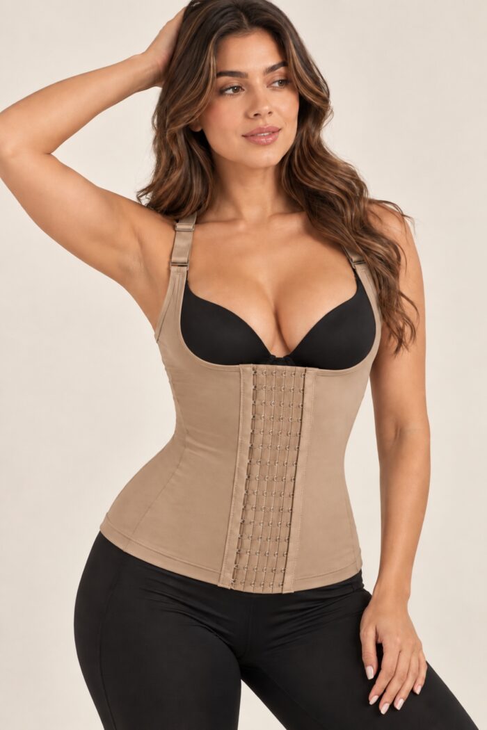 Chaleco faja bajo busto beige de compresión media visto de frente