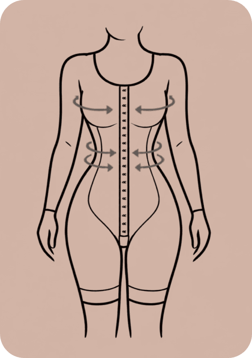 Silueta femenina con faja de cuerpo completo y flechas de control en busto y cintura
