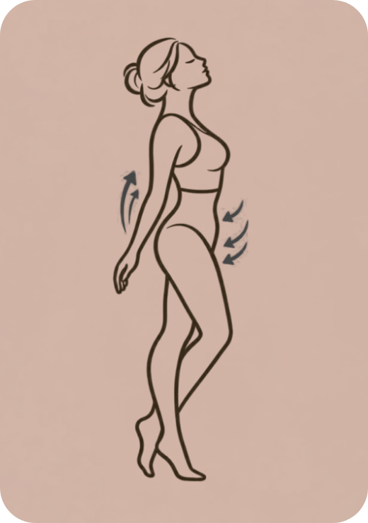 Silueta femenina de cuerpo completo con indicación de soporte corporal