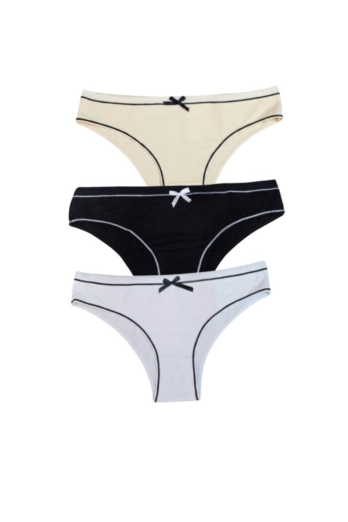 3 bombachas bikini de algodón en negro blanco y beige