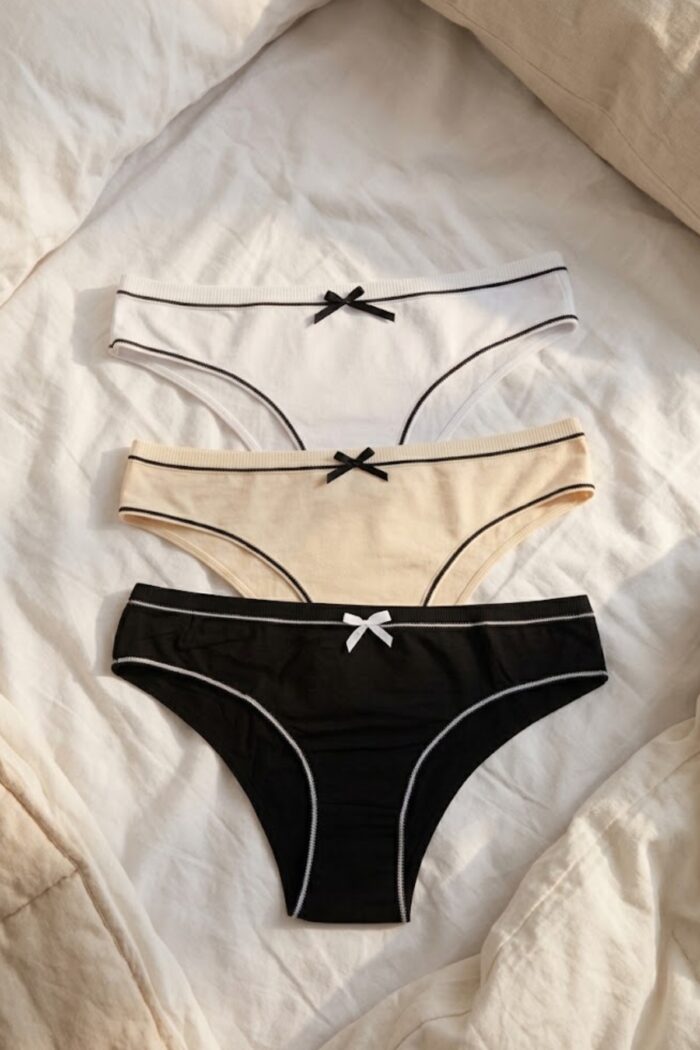 Pack x3 bombachas bikini de algodón en negro blanco y beige en una espacio intimo